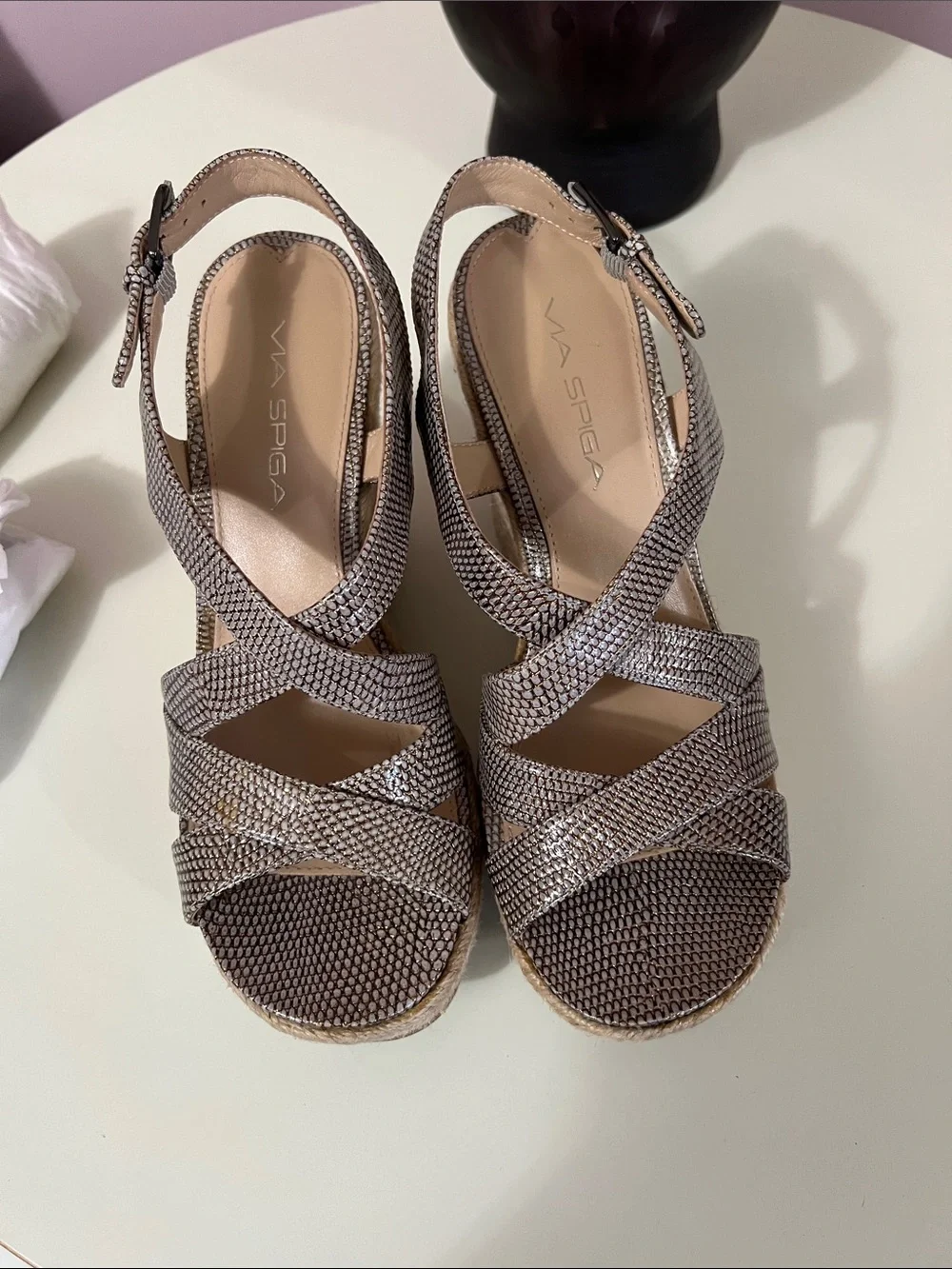 Via Spiga Metallic Taupe Espadrille Wedge Sandals